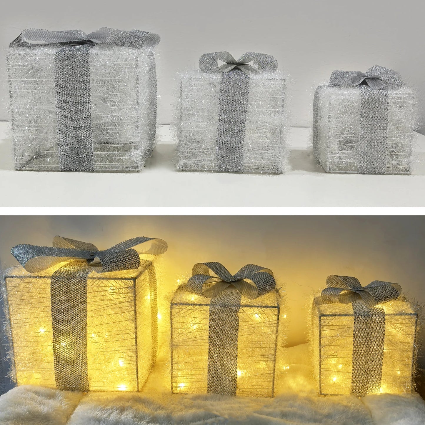 Set of 3 Christmas Lighted Gift Boxes, LED Light Up Present Box Decorations for Outdoor Indoor Christmas Tree