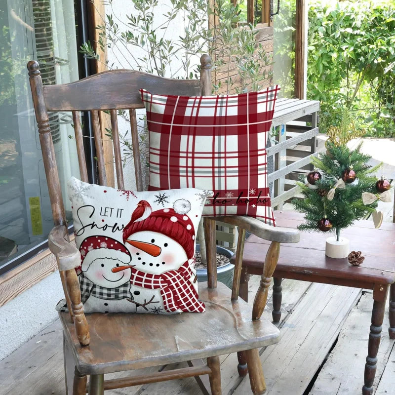 Christmas Pillow Four Piece Set Winter Holiday Home Snowman Red 18 inches x 18 inches