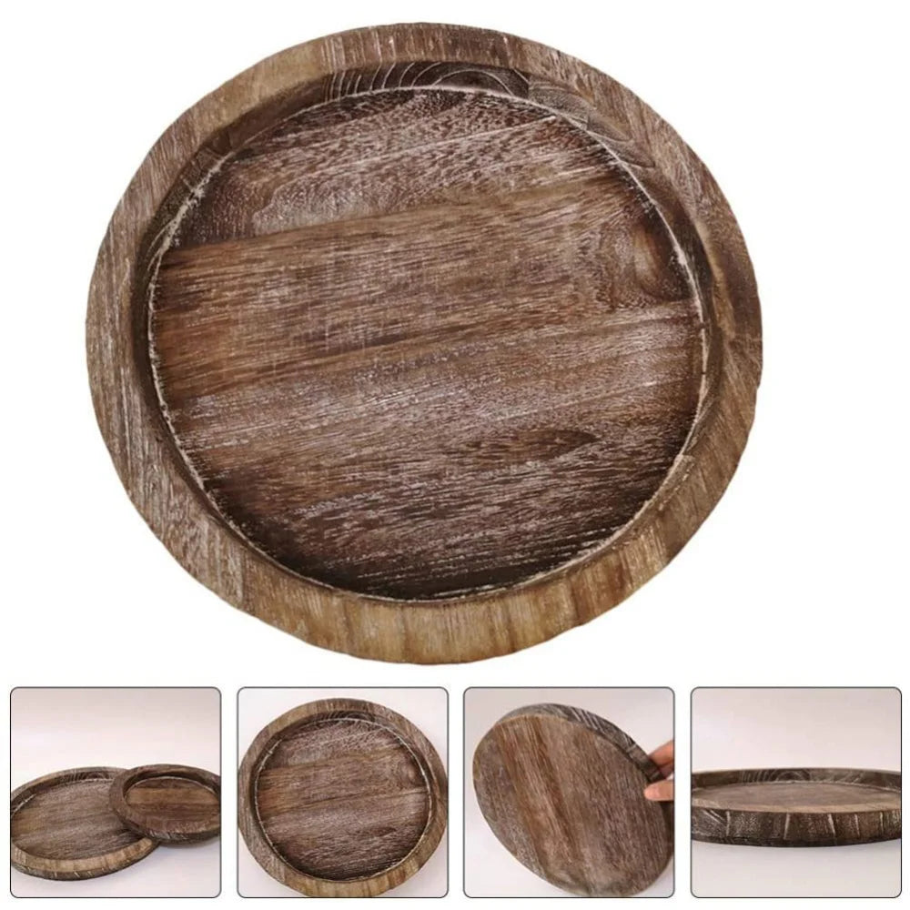 Rustic Wooden Tray Round Candle Holder Farmhouse Home Tabletop Decor