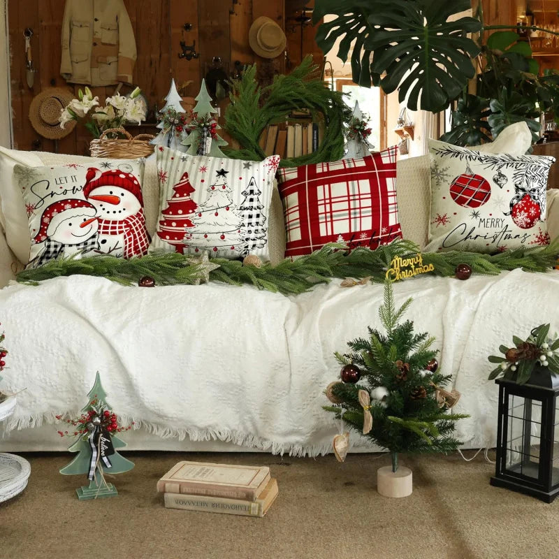 Christmas Pillow Four Piece Set Winter Holiday Home Snowman Red 18 inches x 18 inches