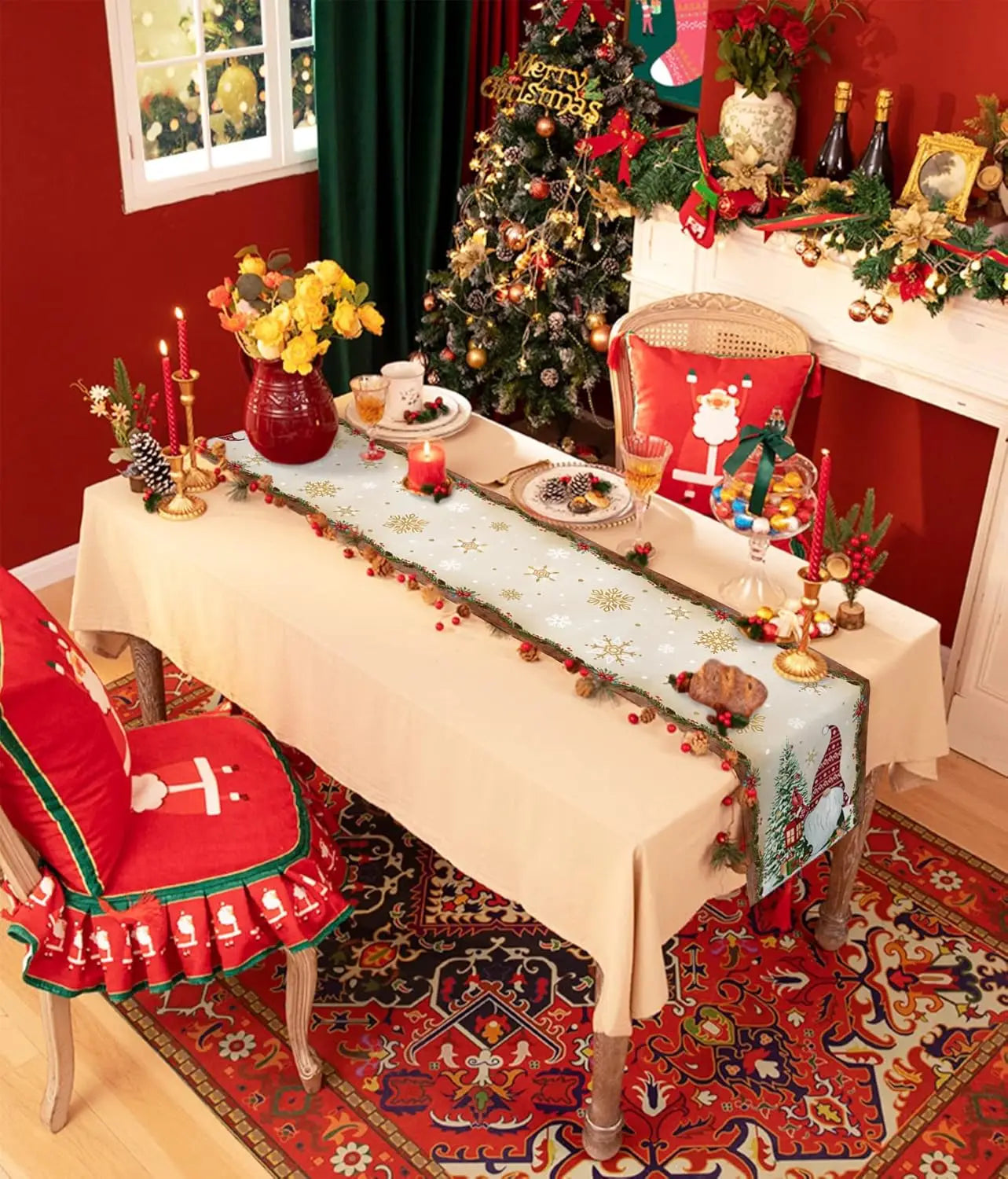 Christmas Tree Gnome Cardinal Golden Snowflake Linen Table Runner