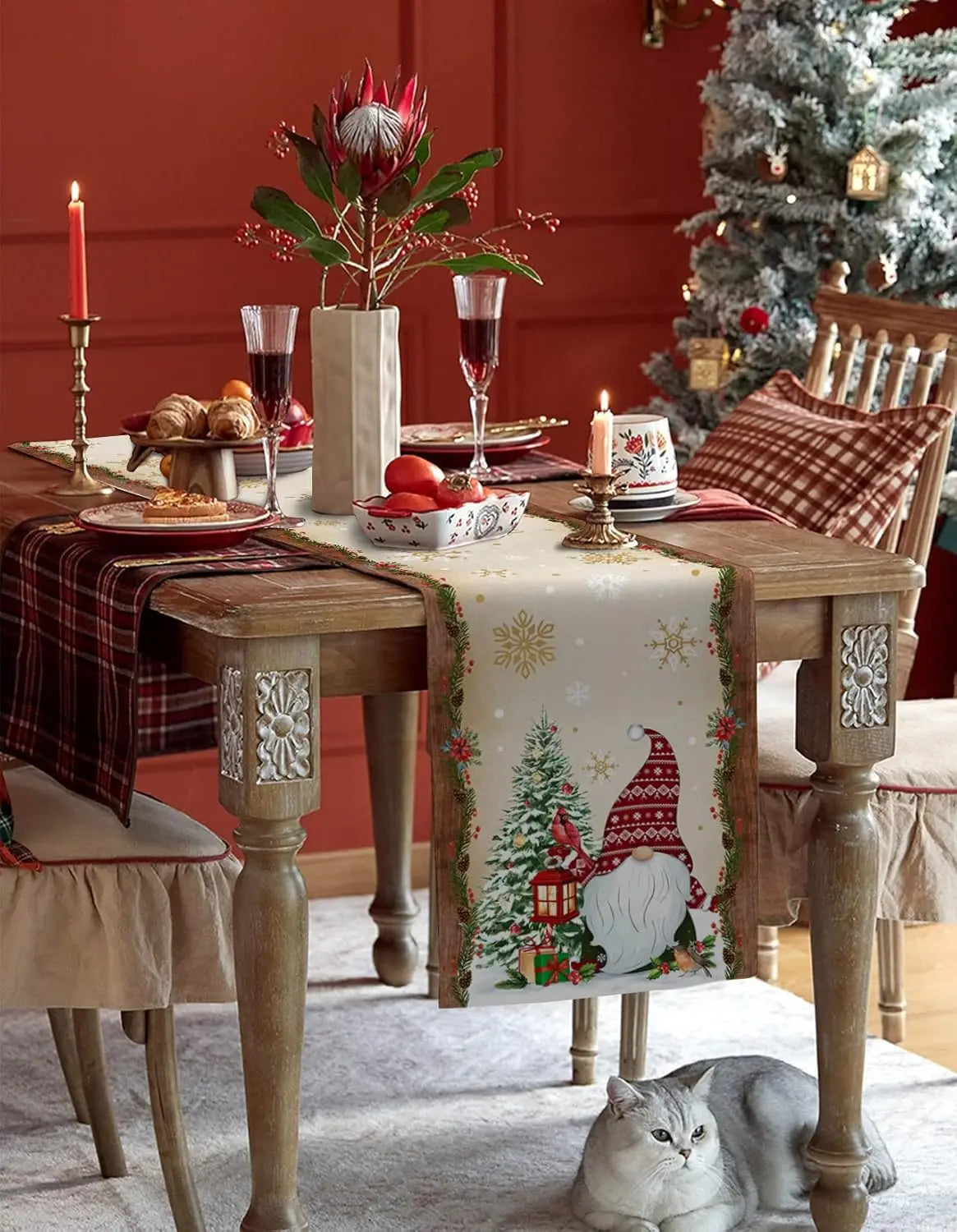 Christmas Tree Gnome Cardinal Golden Snowflake Linen Table Runner