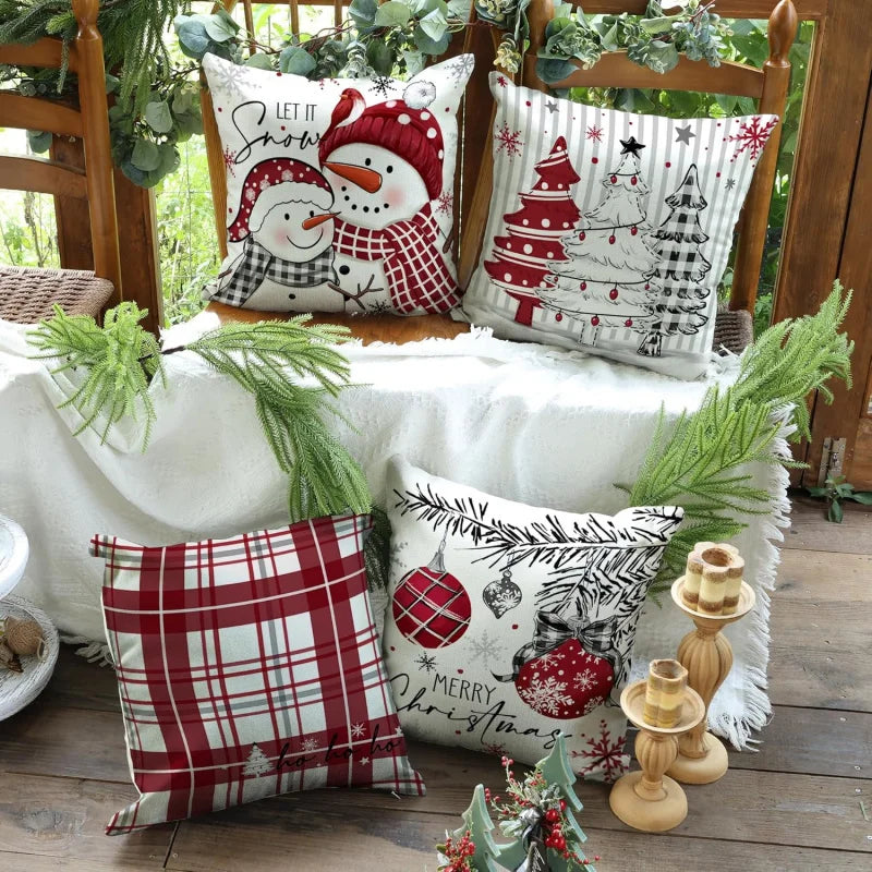 Christmas Pillow Four Piece Set Winter Holiday Home Snowman Red 18 inches x 18 inches