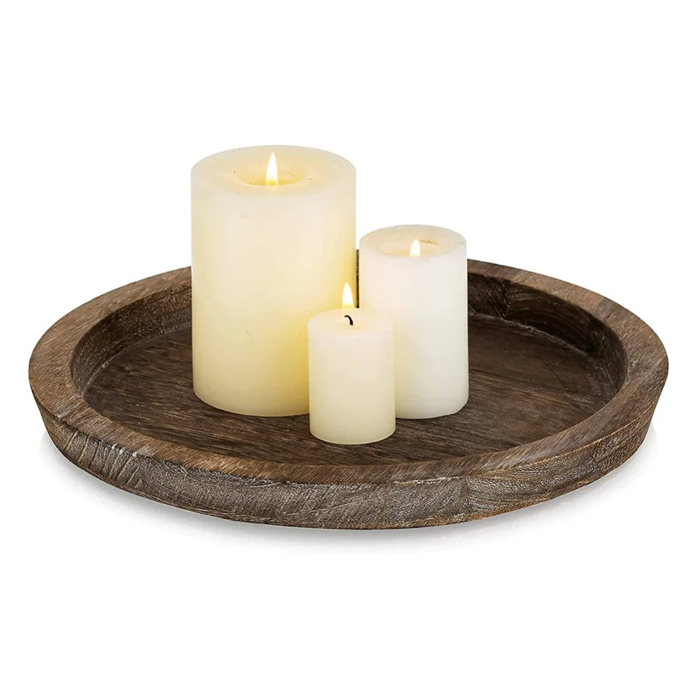 Rustic Wooden Tray Round Candle Holder Farmhouse Home Tabletop Decor