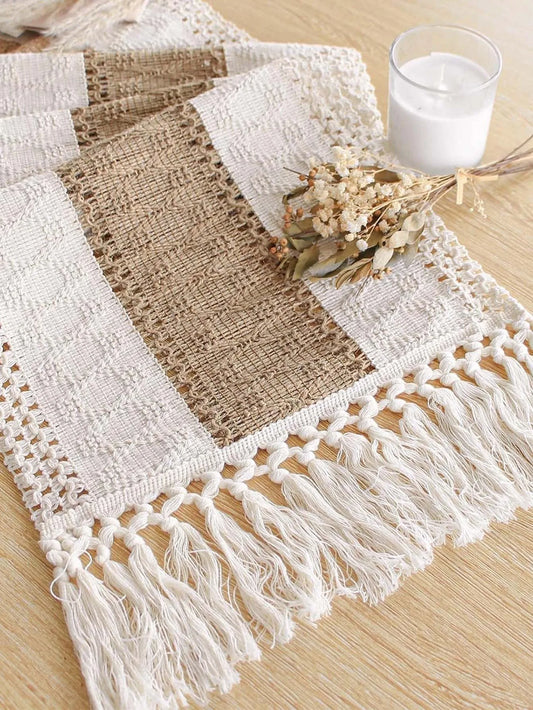 Boho Table Runner Cream & Brown Macrame Table Runner with Tassels