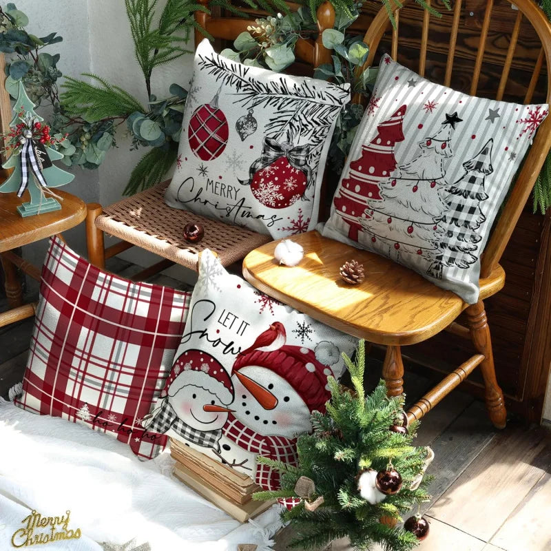 Christmas Pillow Four Piece Set Winter Holiday Home Snowman Red 18 inches x 18 inches