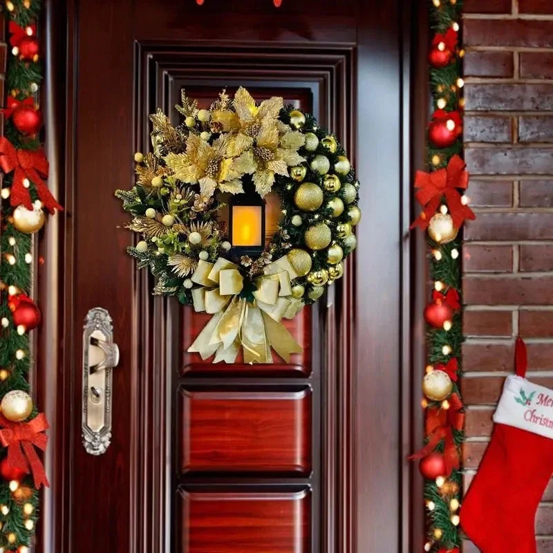 Christmas Golden Wreath With Lamp For Front Door