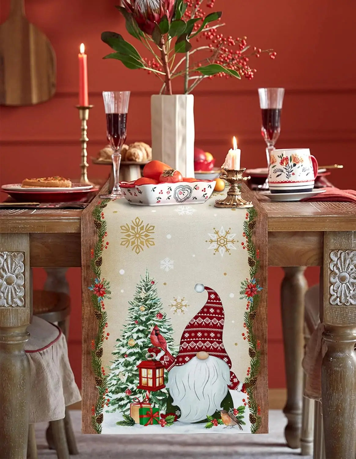 Christmas Tree Gnome Cardinal Golden Snowflake Linen Table Runner