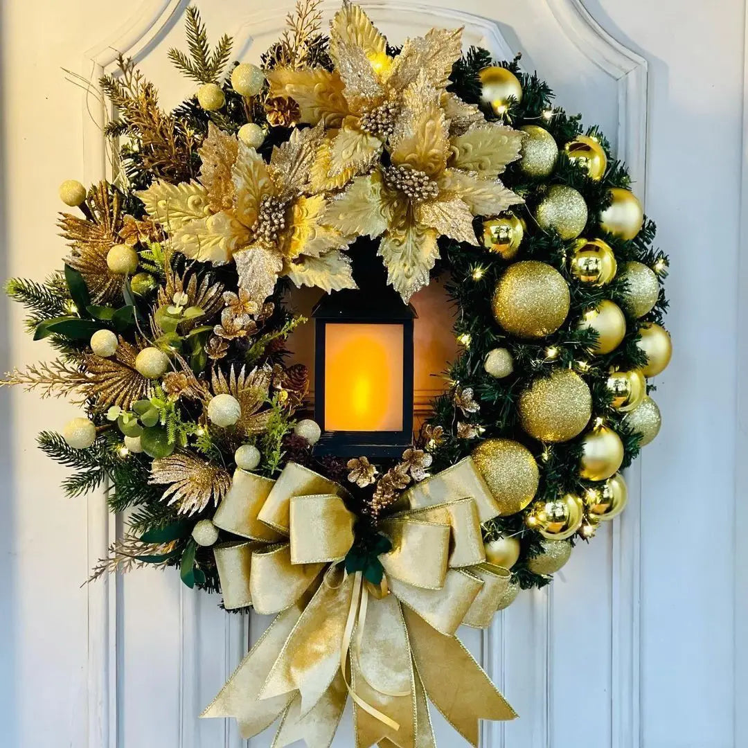 Christmas Golden Wreath With Lamp For Front Door