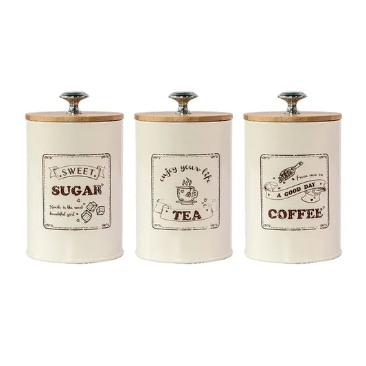 3 x Canisters Metal Storage with Bamboo Lid Moisture-proof Sealed