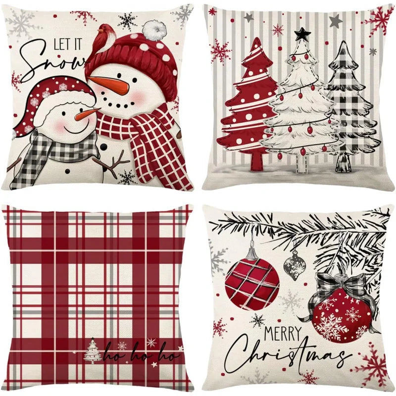 Christmas Pillow Four Piece Set Winter Holiday Home Snowman Red 18 inches x 18 inches