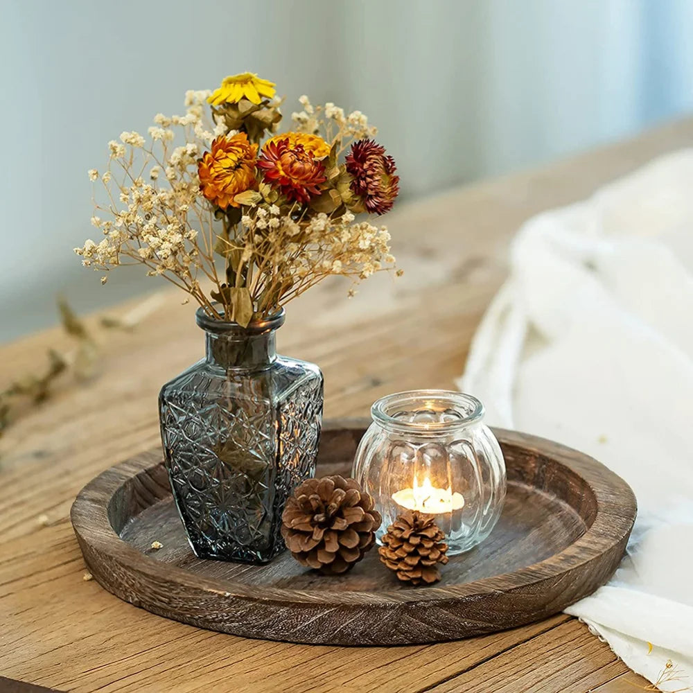 Rustic Wooden Tray Round Candle Holder Farmhouse Home Tabletop Decor