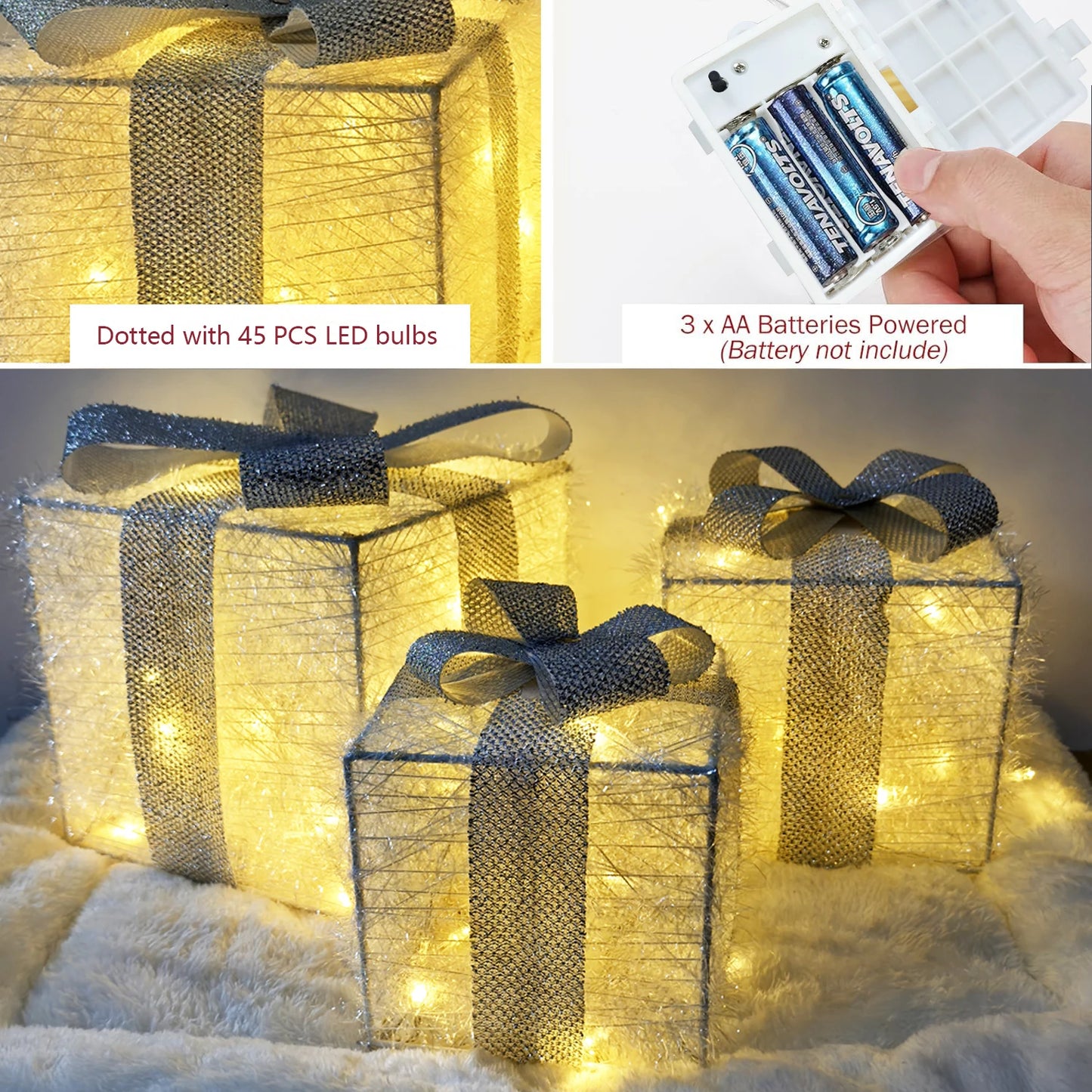 Set of 3 Christmas Lighted Gift Boxes, LED Light Up Present Box Decorations for Outdoor Indoor Christmas Tree