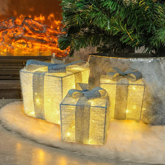 Set of 3 Christmas Lighted Gift Boxes, LED Light Up Present Box Decorations for Outdoor Indoor Christmas Tree